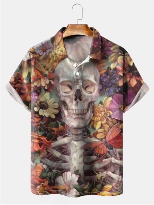 Men's Creative Flower Skull Short Sleeve Polo Shirt