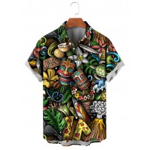 Men's Cartoon Doodle Hawaiian Print Short Sleeve Shirt