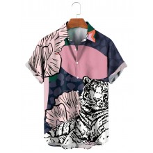 Men's Animal Printed Lapel Short Sleeve Shirt 51083687M